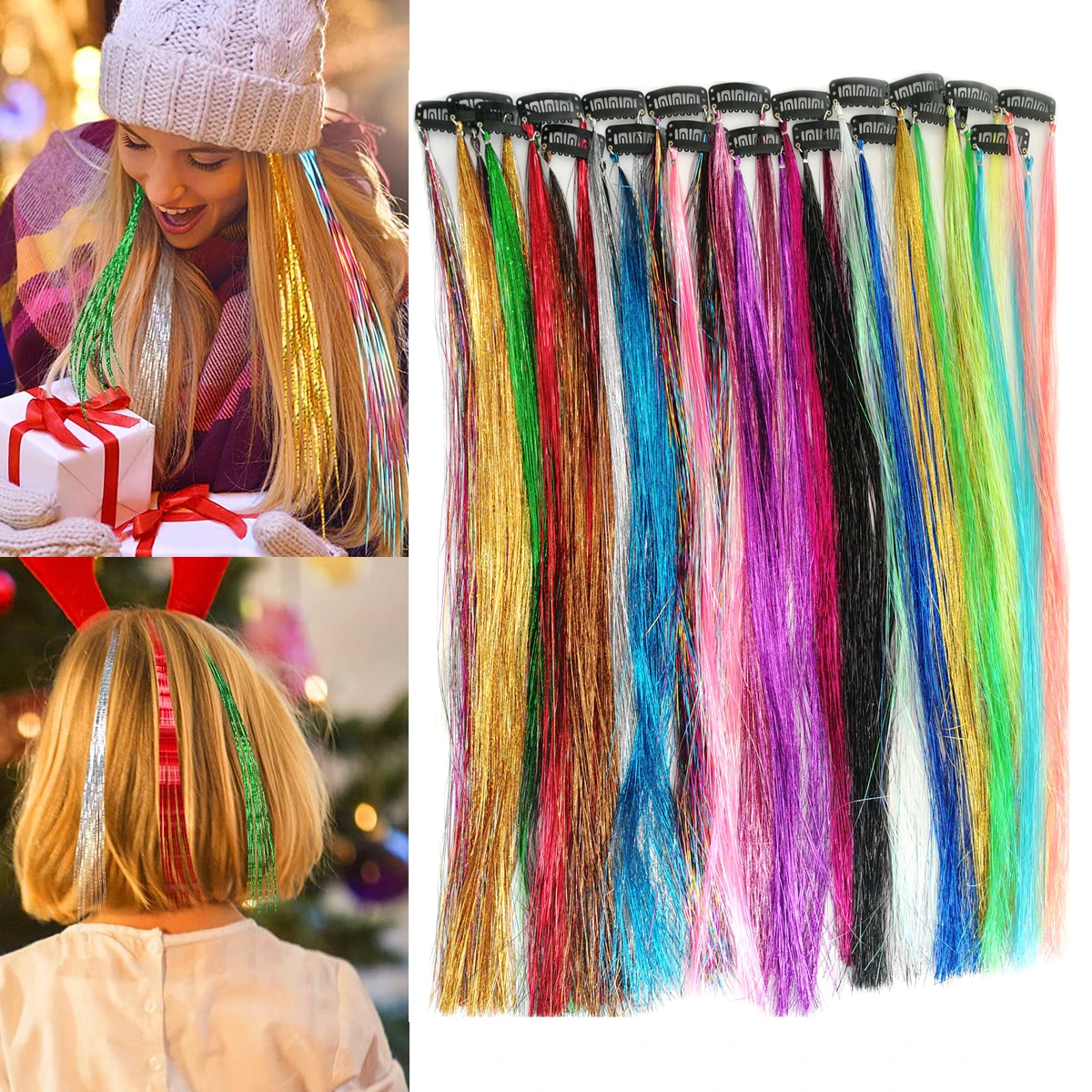 

Highlight Glitter Tinsel Hair Clip In Colored Party Sparkling Shiny Hair Extensions Multi-Colors Hair Streak Bling