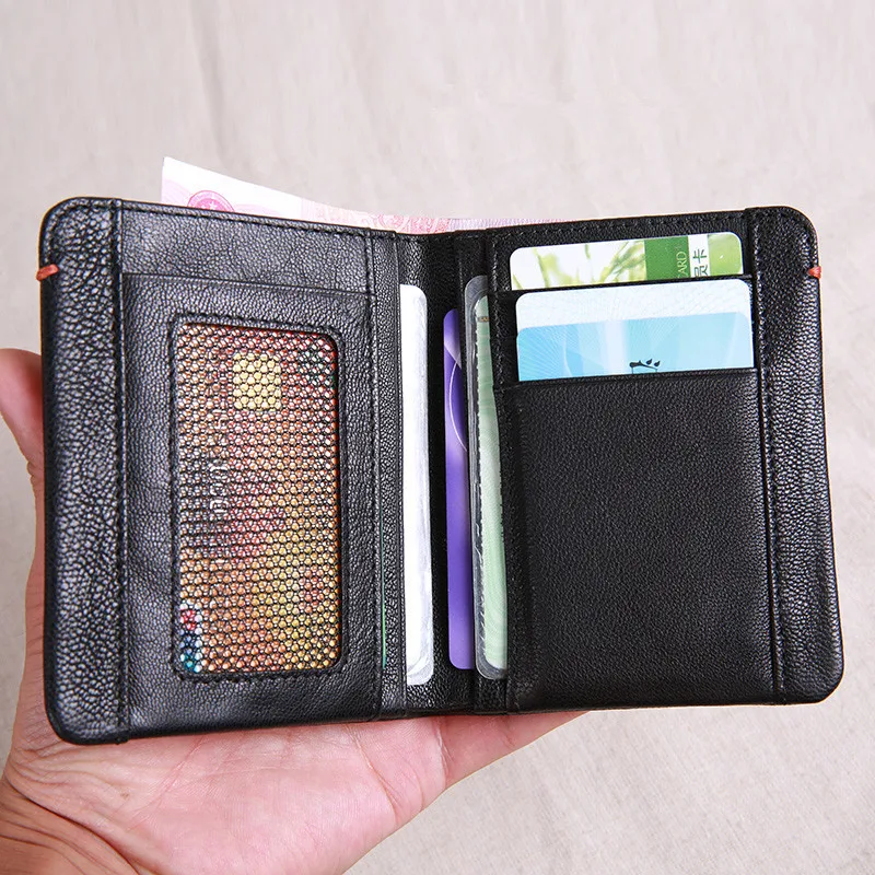 Casual simple genuine leather men's black small wallet natural first layer cowhide teens short minimalist card holder purse