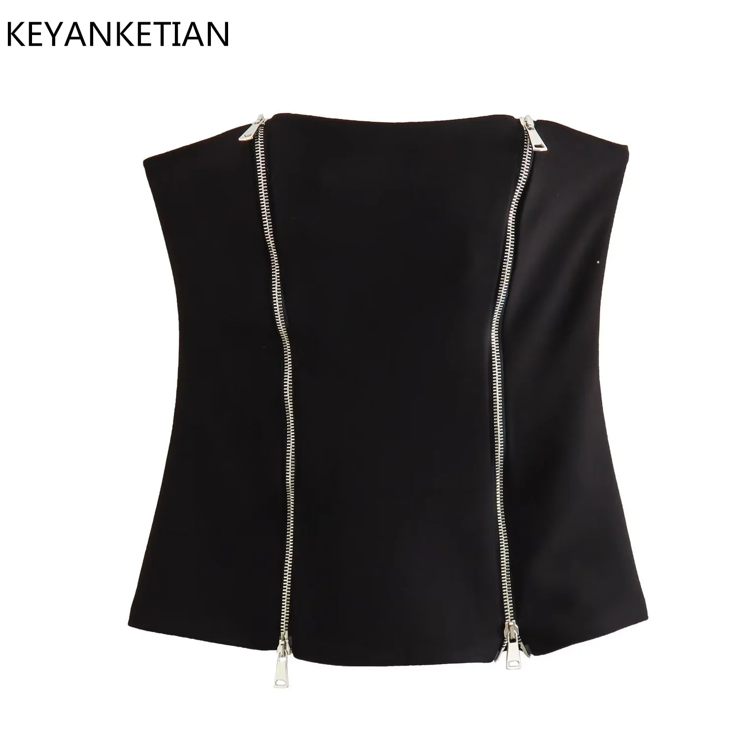 

KEYANKETIAN Summer New Double Zipper Decoration Black One-Line Neck Corset Vest Women's Hot Sweetheart Short Style Strapless Top