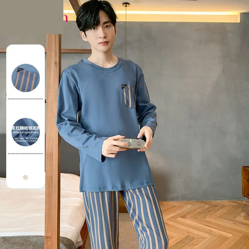 Men's Pajama Set 2023 Spring Autumn New Long Sleeve Striped Cotton Pyjamas Two Piece Korean Elegant Loose Sleepwear Home Clothes