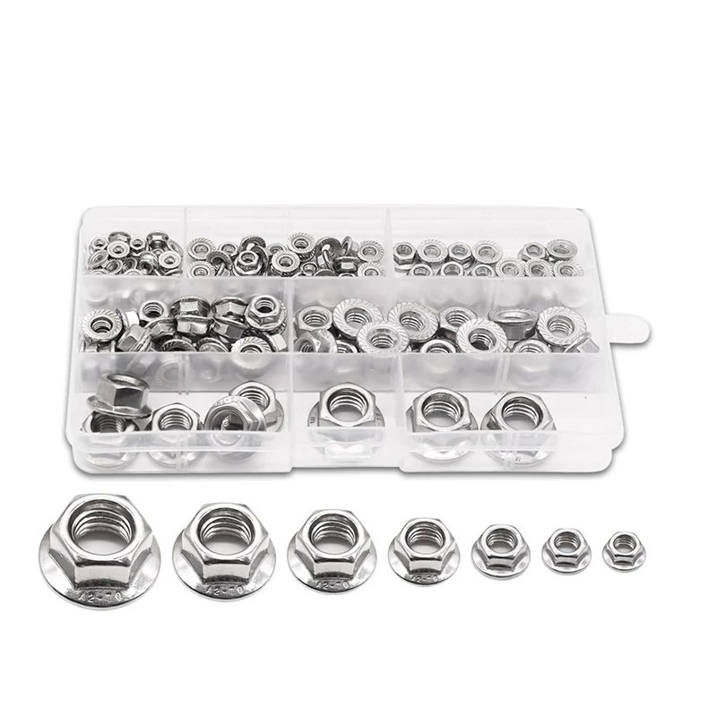 

140PCS 304 Stainless Steel Hex Flange Nuts Assortment Kit, 7 Metric Sizes M3 M4 M5 M6 M8 M10 M12 Q-057-BOX