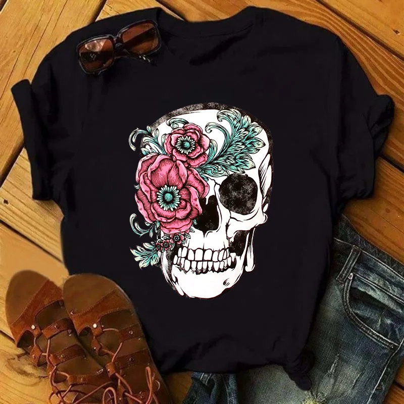 

Summer Women's T-shirts Skull Cotton Tshirt Ladies Harajuku Graphic t shirts Female Short Sleeve Round Neck Tee Shirt