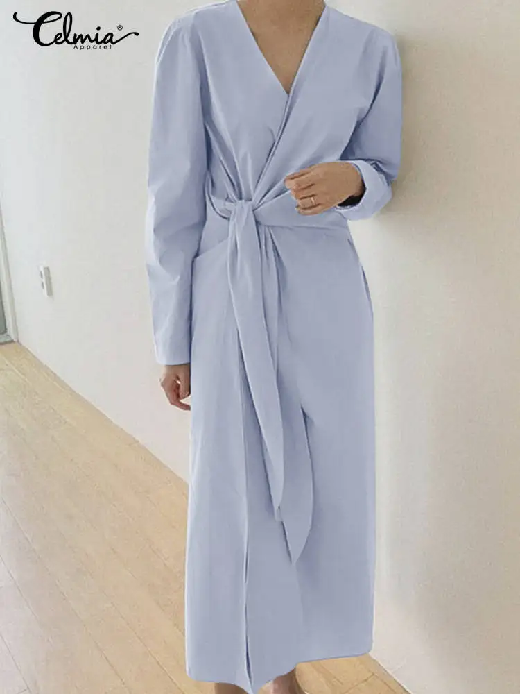 

Осеннее Бандажное однотонное платье Celmia, Элегантное Длинное Платье-рубашка с запахом, женское платье с длинным пышным рукавом, повседневны...