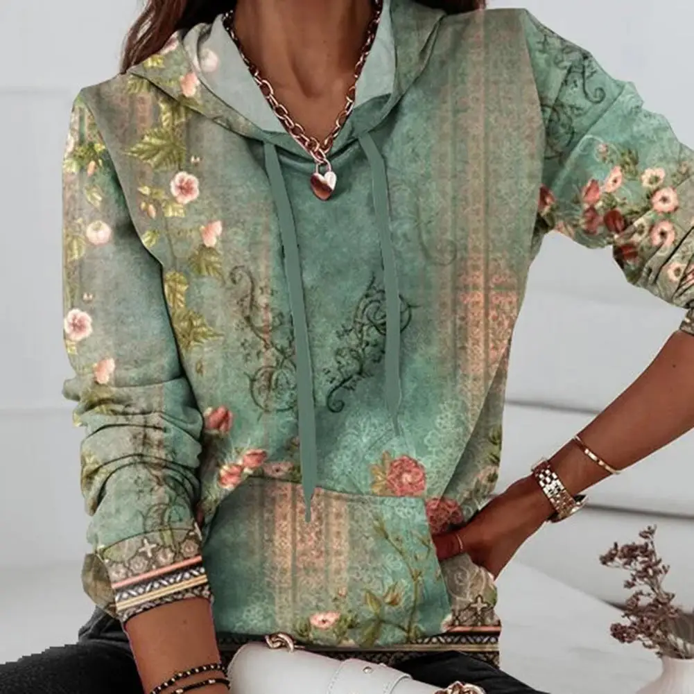 

Breathable Sweatshirt Vintage Floral Print Hoodie Stylish Women's Sweatshirt with Drawstring Patch Pocket for Casual Fall Spring