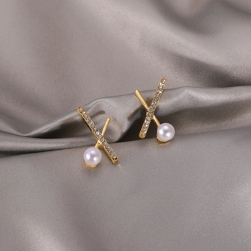 

Серьги-гвоздики Стразы с жемчугом в форме буквы X, маленькие серьги из серебра 925 пробы с иглами для женщин, подарок на день рождения