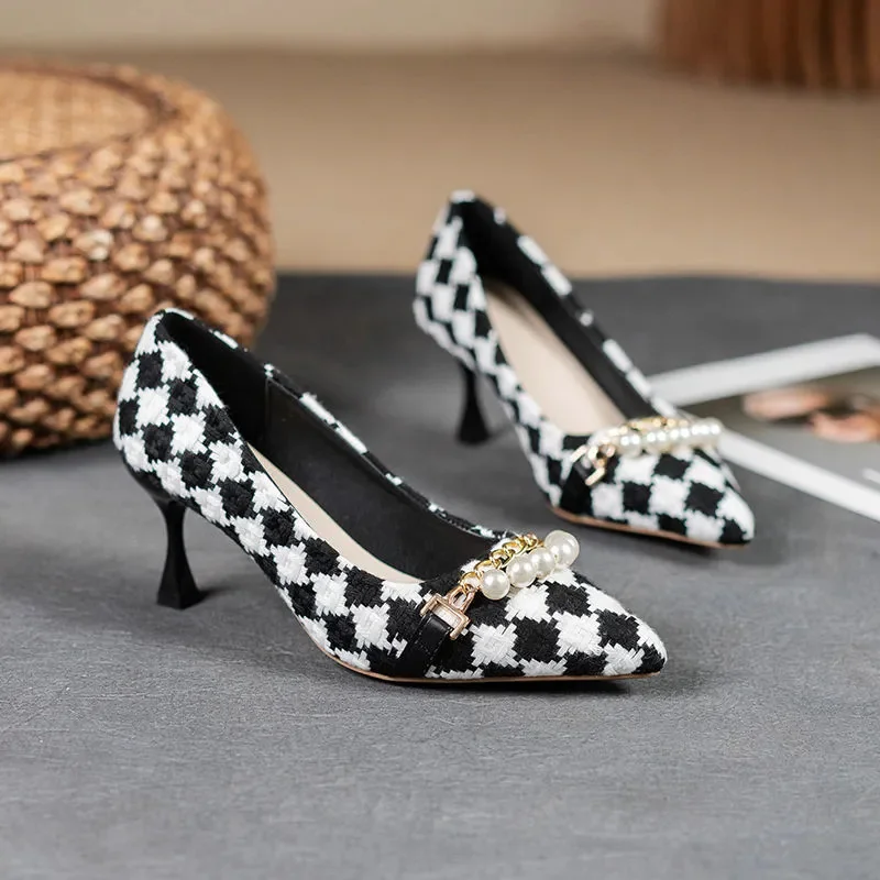 

Женские Классические Легкие черно-белые клетчатые туфли без шнуровки на шпильке, дамские коричневые офисные туфли B276