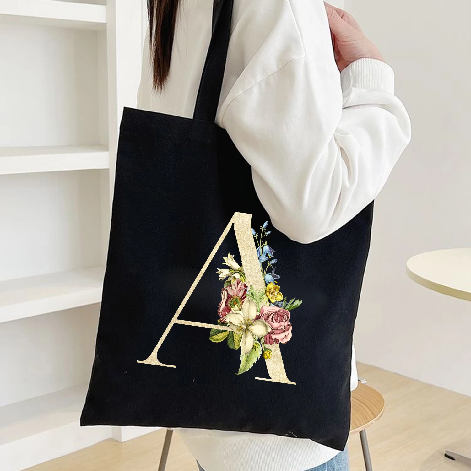 

BLINGPAW Canvas Tote Bag 100% Cotton Reusable Shopper Bags Preppy Eco Bolsa 26 Letters Floral Print Girlfriend Gift