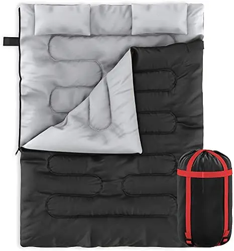 

Tech Double Camping Sleeping Bag with 2 Pillows \u2013 3-4 Season Lightweight Waterproof Warm & Cool Weather Adult & Kid