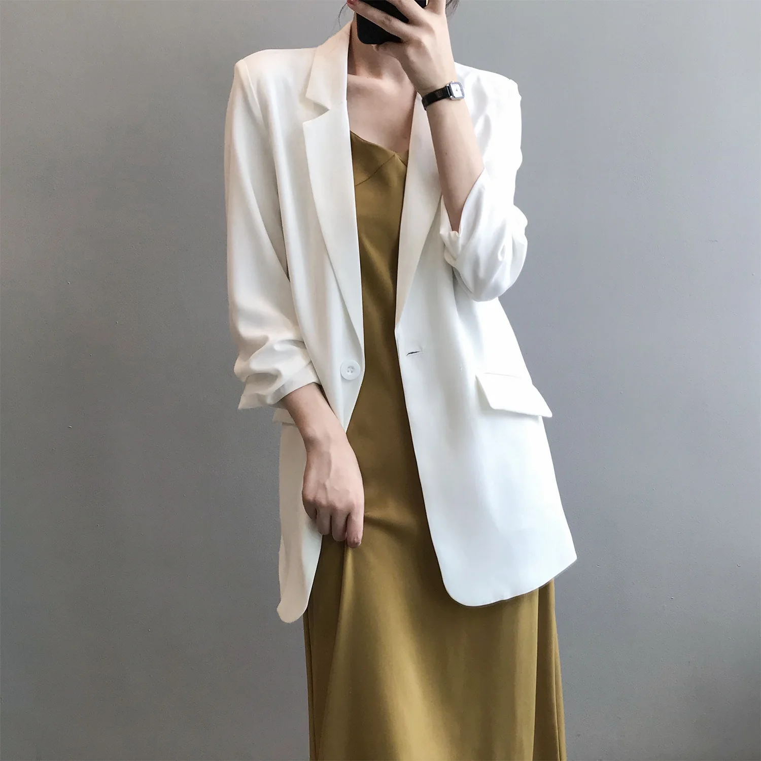 

Women's Notched Blazer Female Summer White Thin Three Quarter Casual Sun-protection Outwear 8Z