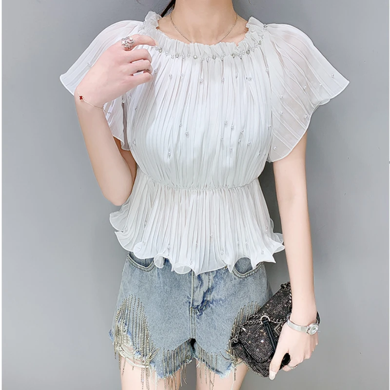 

2022 Brand New Slash Neck Off Shoulder Women Pleated Chiffon Blouse Beading Women Crop Top Summer Shirt Corset Top Blouse Blusa