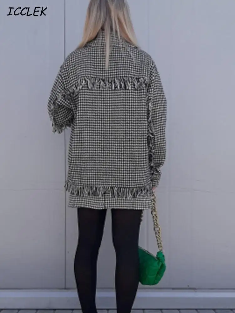 Women Shirts Oversize Houndstooth Jacket coats With Pocket Female Vintage Plaid Jacket Spring Tassel Coat TRF Mujer 2021 New