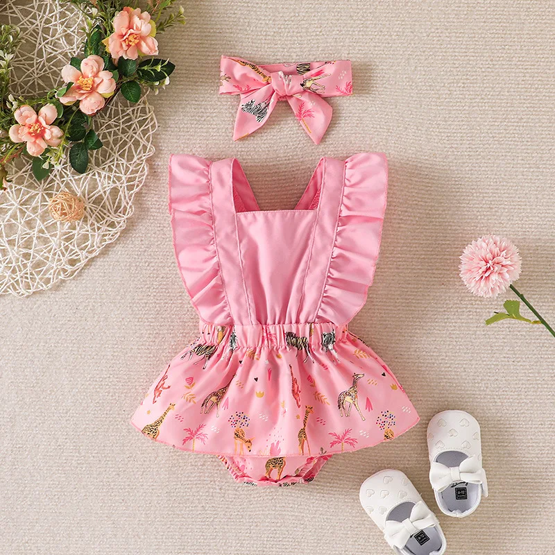 

Laura Kors New Summer Infant Newborn Boys Romper Sleeveless Ruffles Print Animals Pink Baby Cute Rompers Clothes Outfits 0-2T