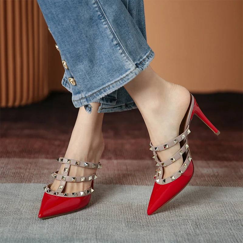 New Summer Rivet Stiletto Sandals With Pointed Toe, Fashionable Women's Sandals Classic Luxury Patent Leather Daily High Heels41