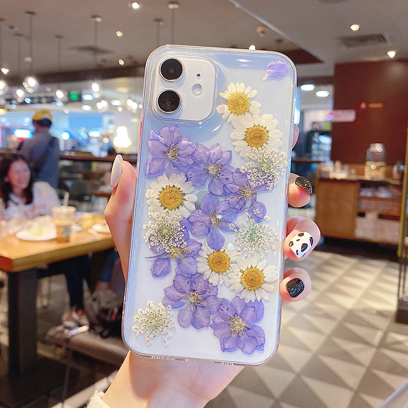 Qianliyao Real Dried Flower Cases For iPhone X XS Max XR 7 8 Plus 14 13 12 11 Pro Max SE 2 Case Handmade Soft Fresh Flower Cover