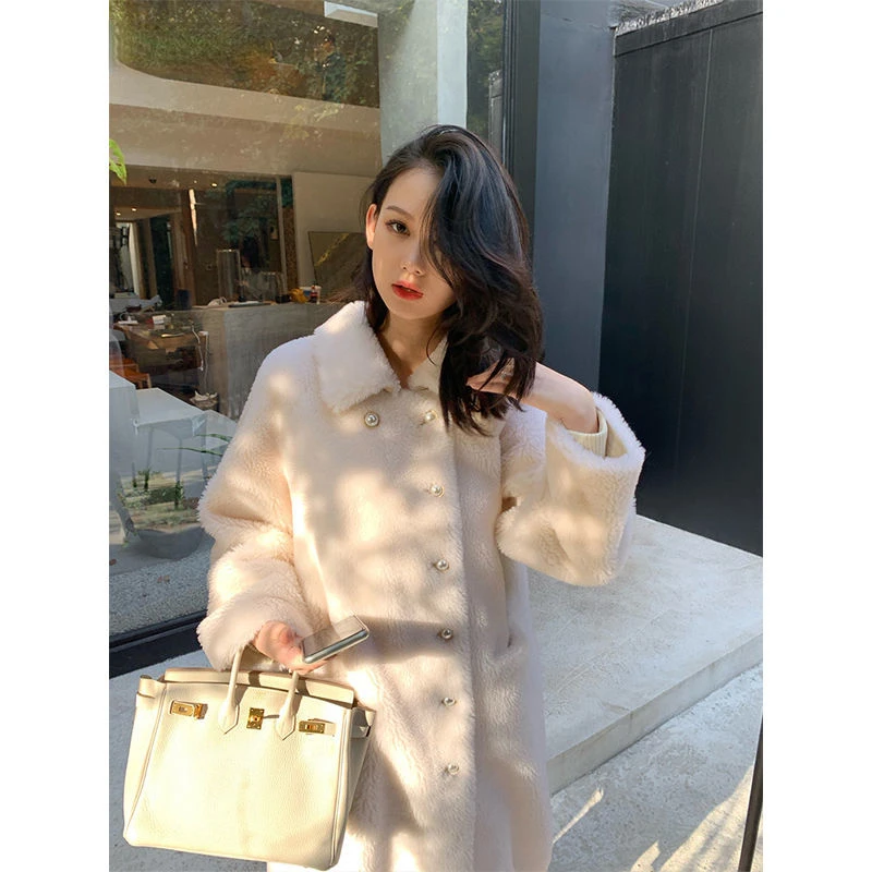 

Winter Long Warm Coat Solid Soft Fluffy Real Sheep Fur Wool Coats Women Lapel Loose Luxury Natural Lamb Shearling Jackets E685