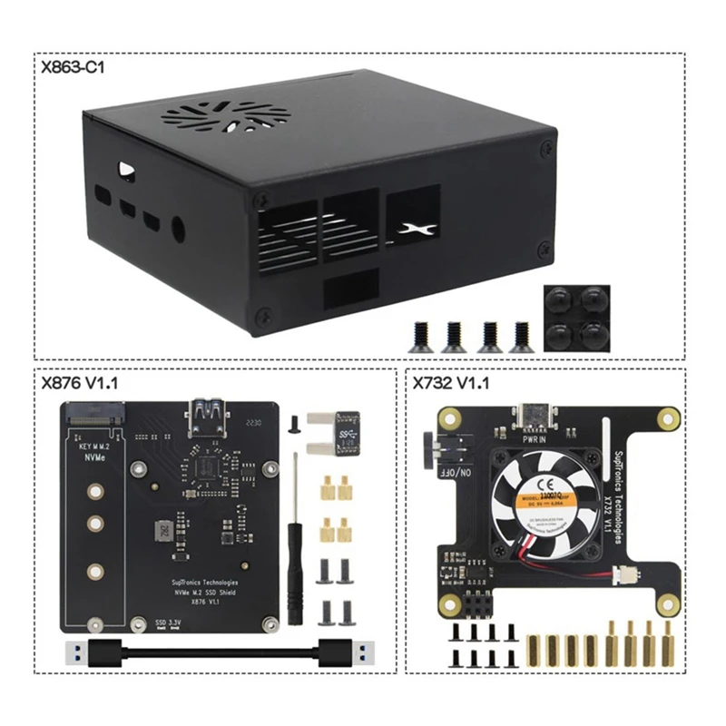 

X876 M.2 NVME SSD Expansion Board+X732 Power Expansion Board With X863-C1 Metal Shell For Raspberry Pi 4B NAS Storage Module