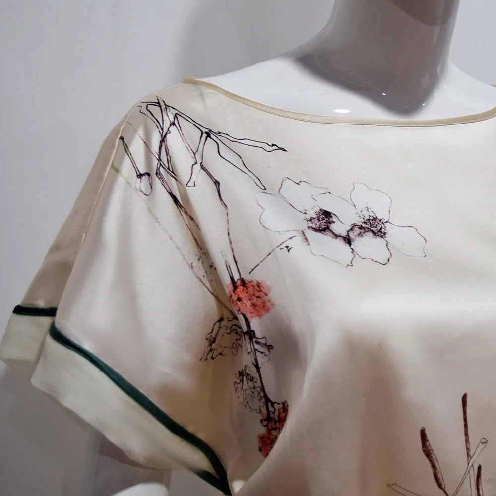 Heavy Silk Short Sleeved Nightdress Summer Mulberry Silk Pajamas Women's Loose Printed Dress Silk Home Clothes Women Nightgown