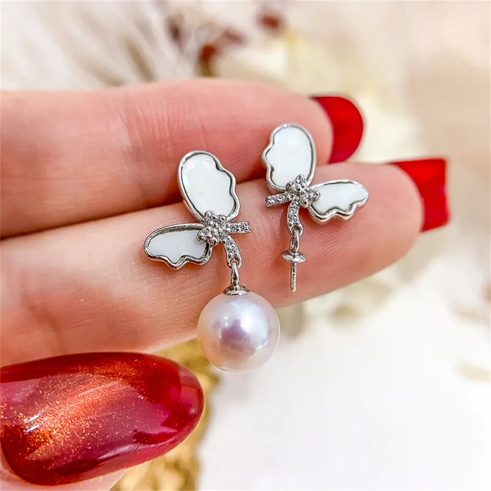 

DIY handmade pearl earrings accessories S925 sterling silver jewelry shell butterfly earrings empty holder Fit 8-10mm beads