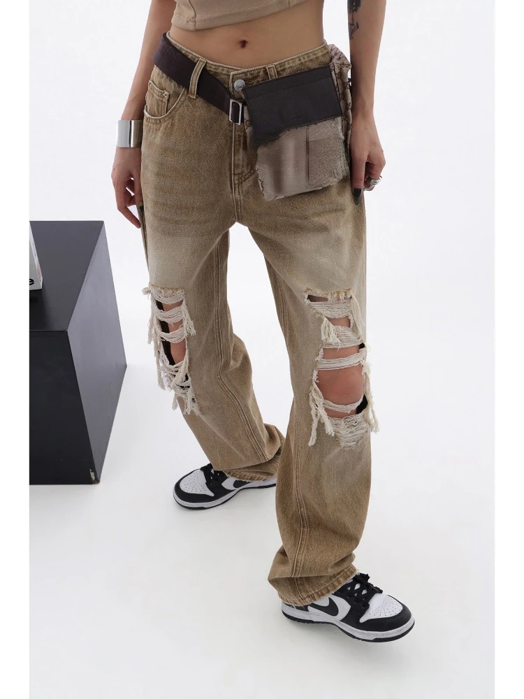 

QWEEK Retro Khaki Baggy Jeans Hollow Out Vintage 90s Aesthetic Wide Leg Denim Cargo Pants Korean Streetwear Oversized Trousers