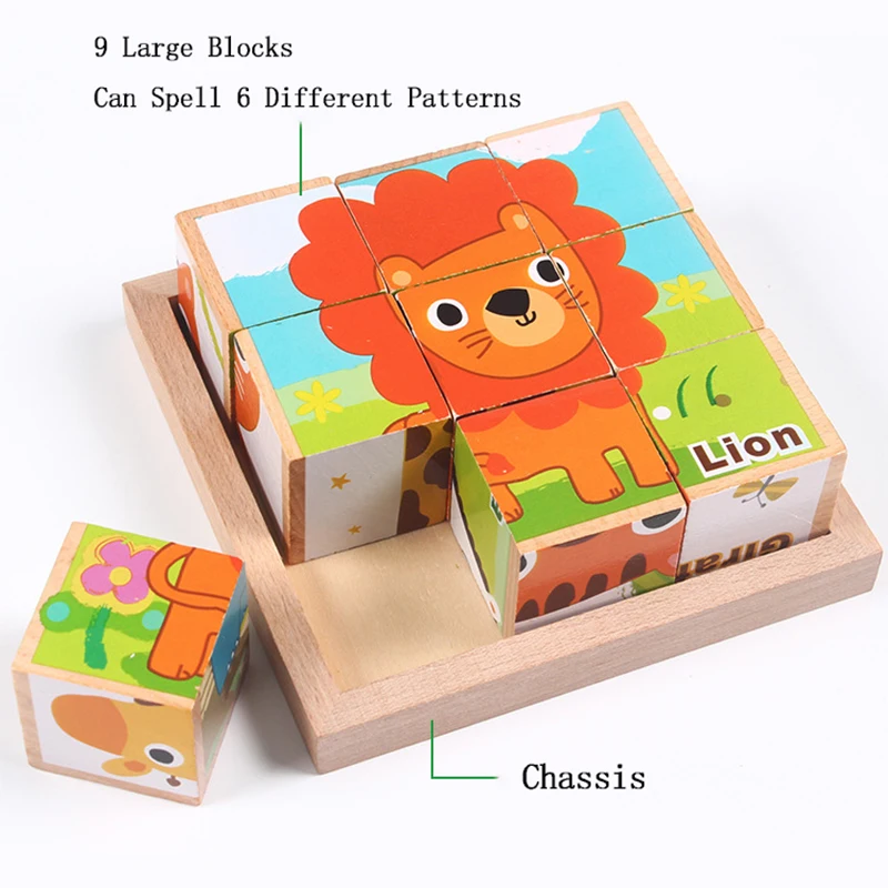 

9 Styles Children Wooden Cartoon Animal Puzzle Toys 6 Sides Wisdom Jigsaw Early Education Toys Parent-Child Game Gift Toy 2022