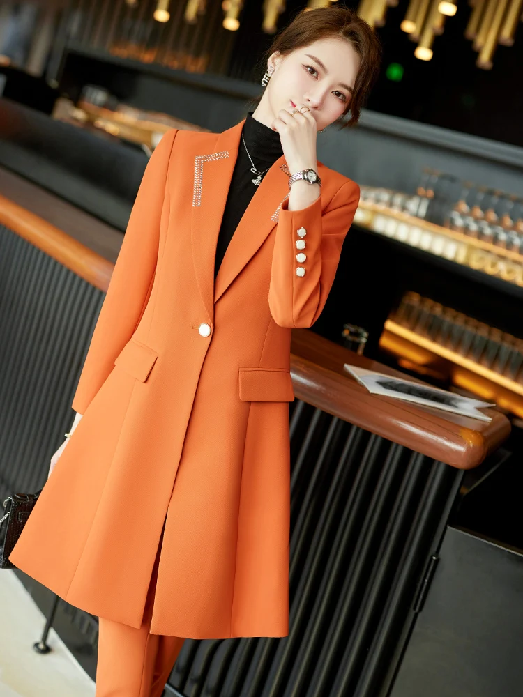 Women Long Formal Blazer Set Khaki Orange Black Female Office Ladies Jacket And Trouser 2 Pieces Work Business Wear Pant Suit