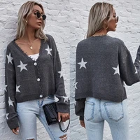 fall lazy style long sleeve star pattern knit cropped jacket for women