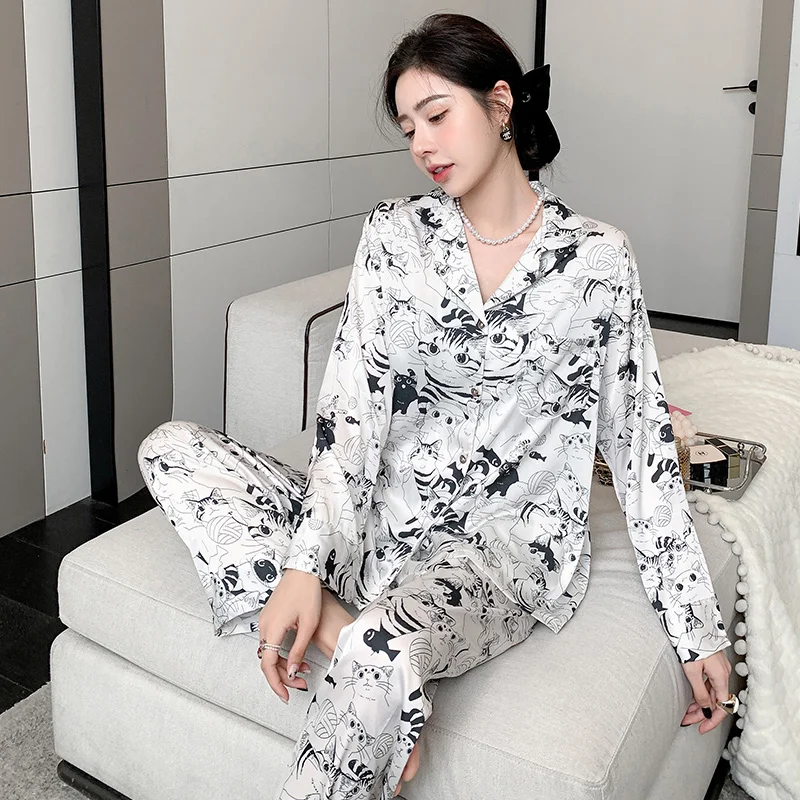 New Spring Summer Ladies Faux Silk Pajama Sets Sexy Homewear Clothes Women's Casual Luxury Pajamas Thin Female Sleepwear Set