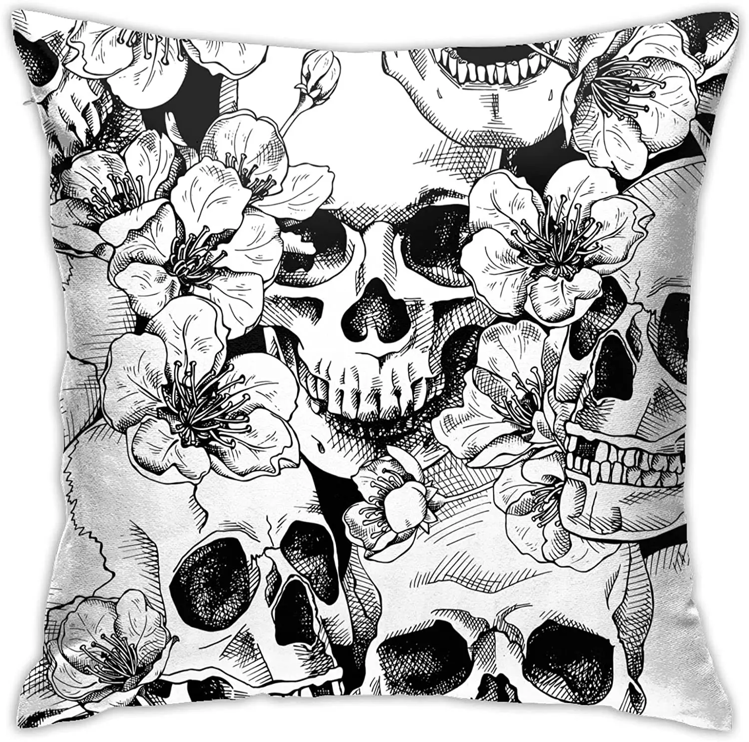 

Черно-белый квадратный Чехол-Подушка с черепом и цветами в готическом дизайне для домашнего декора, чехол для дивана, автомобиля, Чехол 18x18 д...