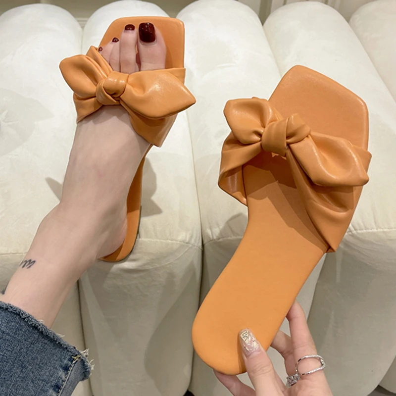 

Summer Slippers Women With Bow Outdoor Korean Fashion Sandals Women Slides 2023 New Square Toe Design Ladies Flip Flops