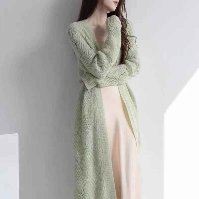 

Lanyovi Mohair Hollow Knitted Cardigan Women's Early Autumn Green Loose Lazy Mid-length Sweater Coat Thin Section Gentle Wind