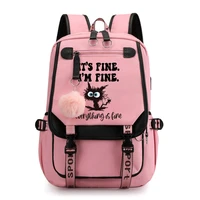 kawaii backpack mochila funny cat its fine im fine everything is fine print anime school bag for women teenager laptop bagpack