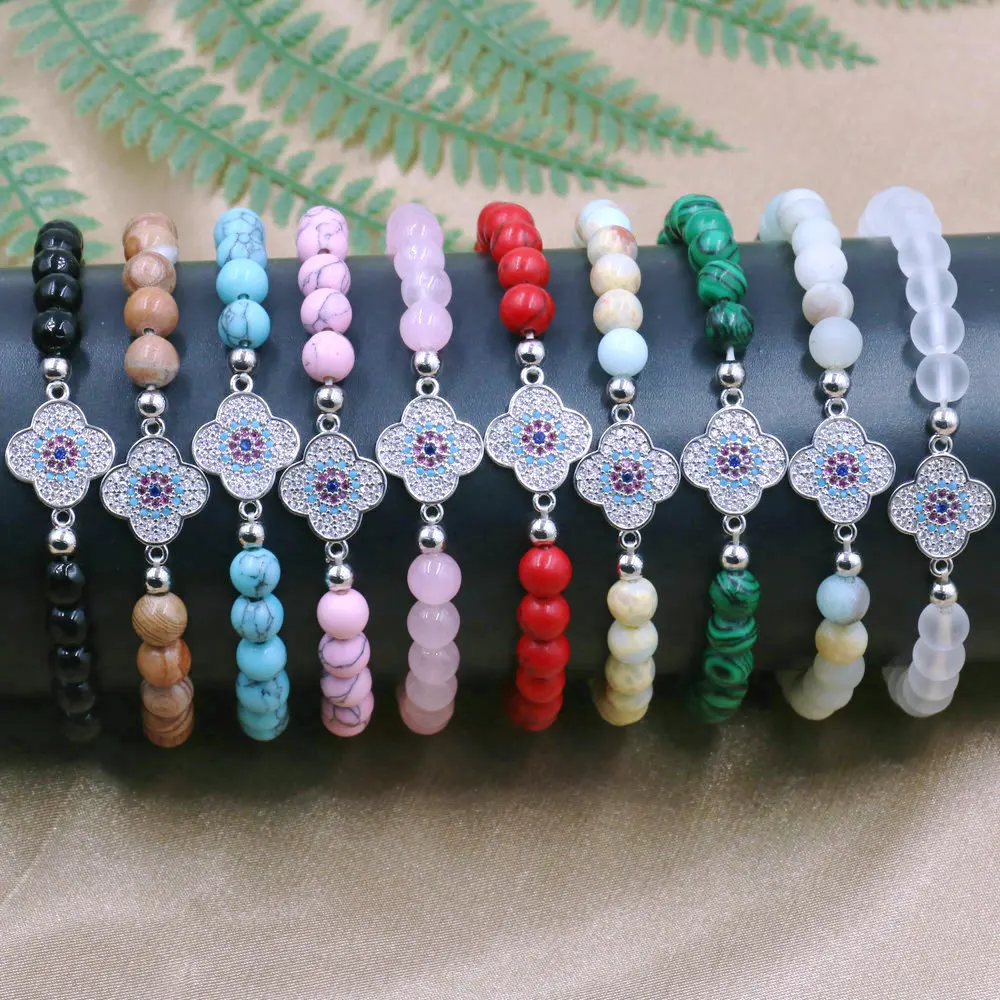 Женский браслет серебряного цвета с четырьмя листьями клевера 6 мм бусины из