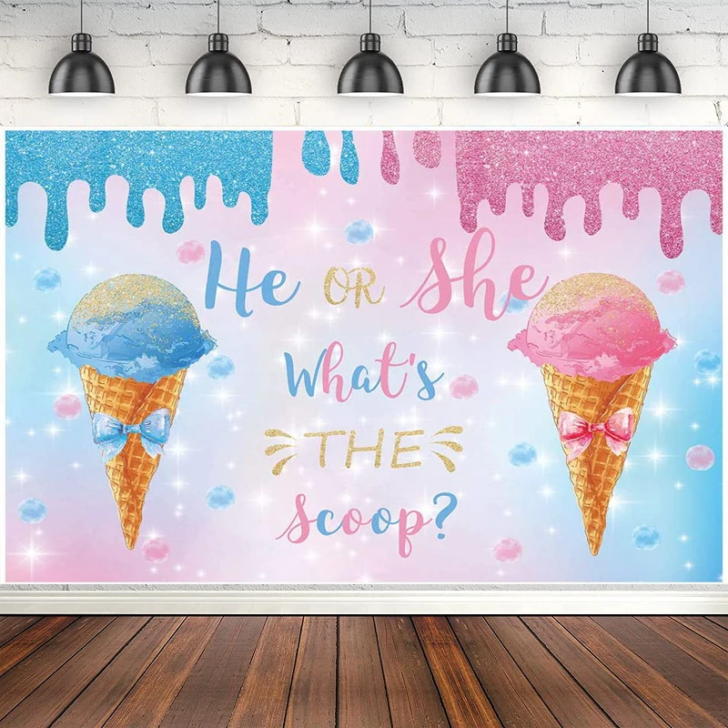 

Ice Cream Gender Reveal Photography Backdrop He Or She What Is The Scoop Baby Shower Party Banner Decoration Supplies Background