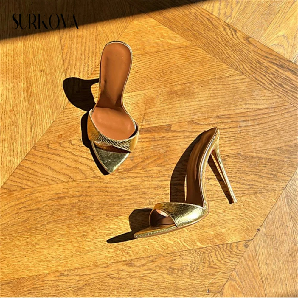 Pointed Toe Gold Foil Snake Pattern High-Heeled Slippers for Women Leather Ladies Sandals Party Dress Stilettos Feminine Shoes