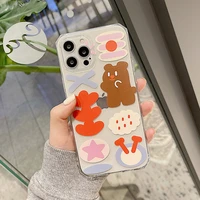 cute label doodle bear transparent phone case for iphone 13 11 12 promax x xr xs max mini 7 8 plus shockproof cartoon soft cover