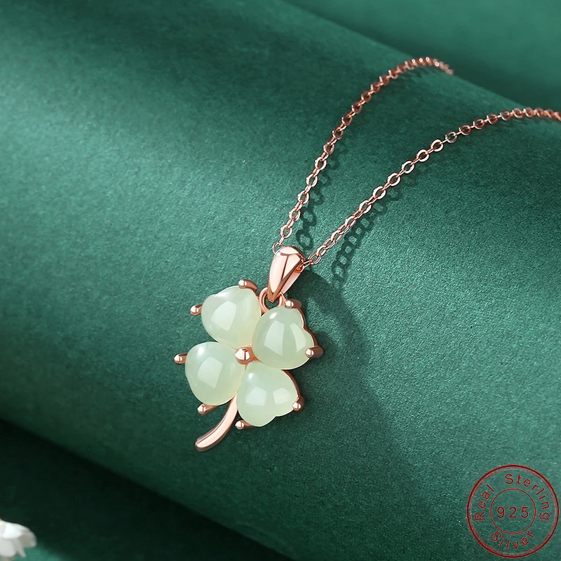 

European 925 Sterling Silver four-leaf clover Hetian Jade Necklace For Women Birthday Jewelry Gift+box