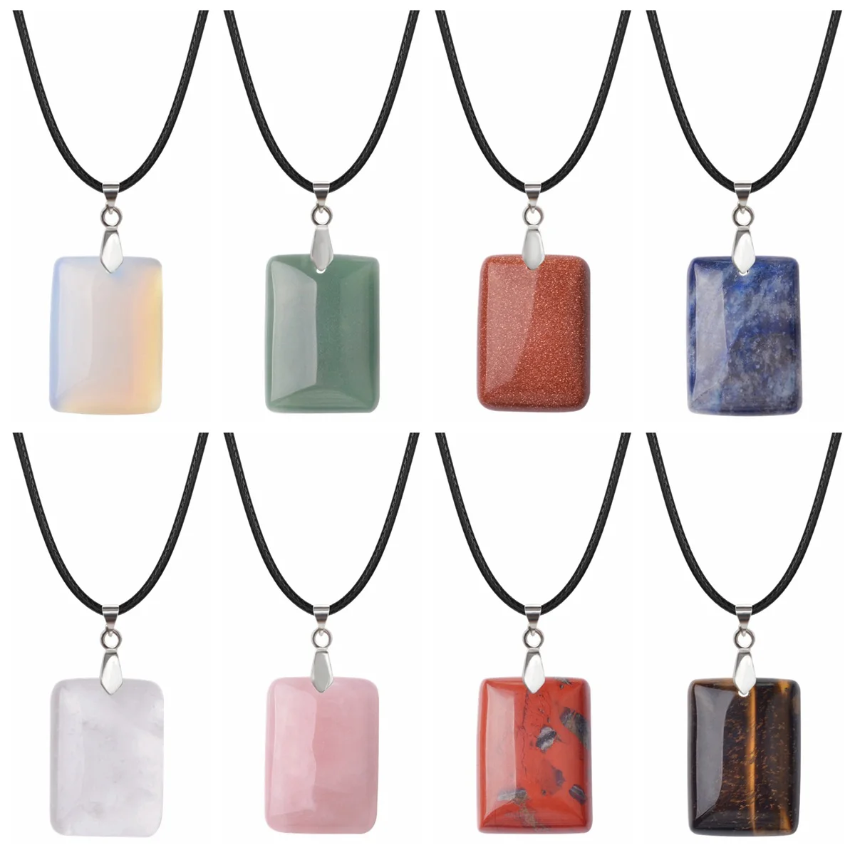 

6PCS Natural Rectangle Gemstone Pendant Necklace Healing Chakra Crystal 25x35MM Spiritual Jewelry with Black Cord for Women