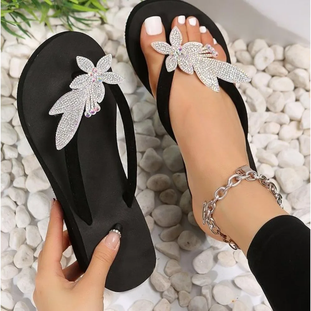 Сандалии женские с круглым носком удобные шлепанцы блестящими бриллиантовыми