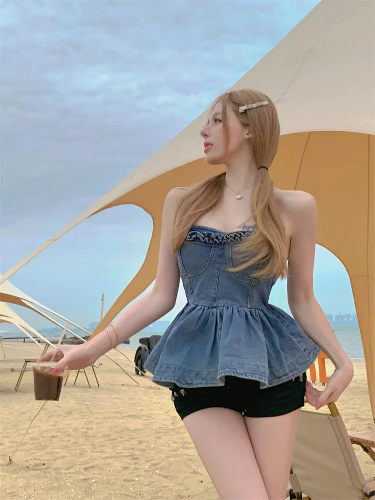 Майка женская джинсовая на одно плечо пикантный облегающий топ с цветочным