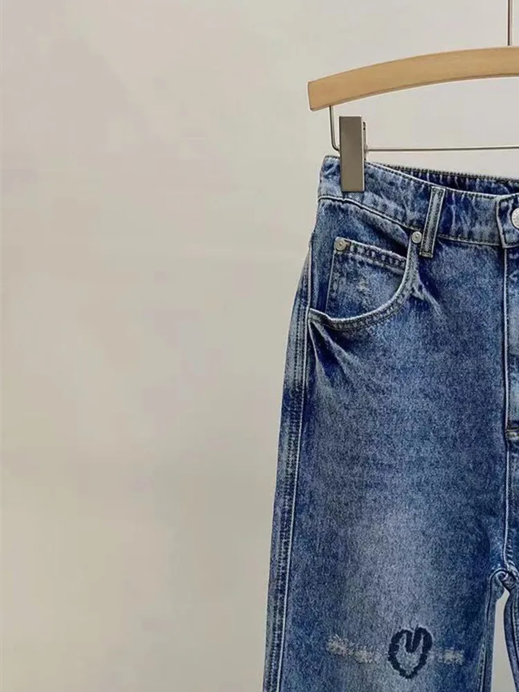 Women Jeans Heart-Shape Embroidered Straight Zipper High Waist Fashion Denim Pants