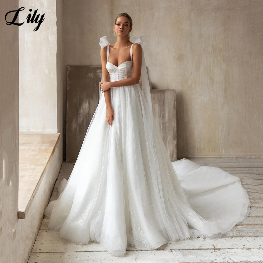 

Ivory A Line Sparkling Wedding Dress Sweetheart Adjustable Long Straps Bridal Gown Beading Pearls Brides Dress robe de mariée