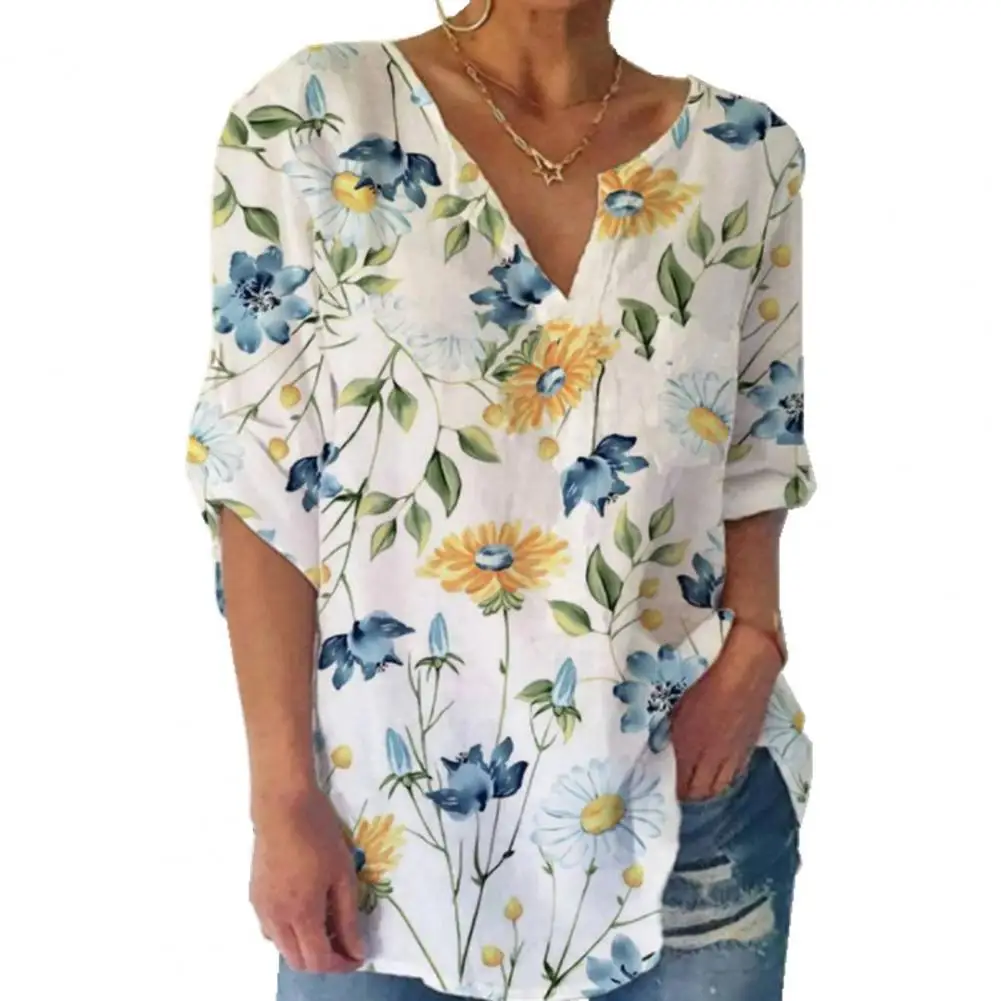 

Women T-shirts Summer V-neck Short Sleeves Tees Half Sleeve Mid-length Women T-shirt Summer Floral Print Loose Tee Shirt