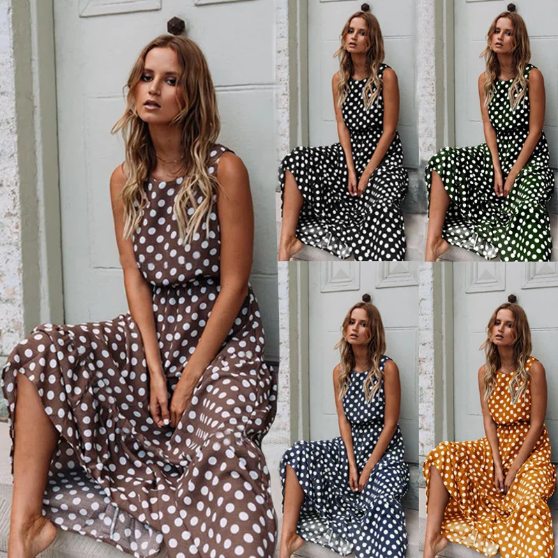 

2023summer Fashion O Neck Polka Dot Print Women Sexy Sleeveless Dress Casual Loose Solid Vintage Empire Lady Maxi Dress Vestidos