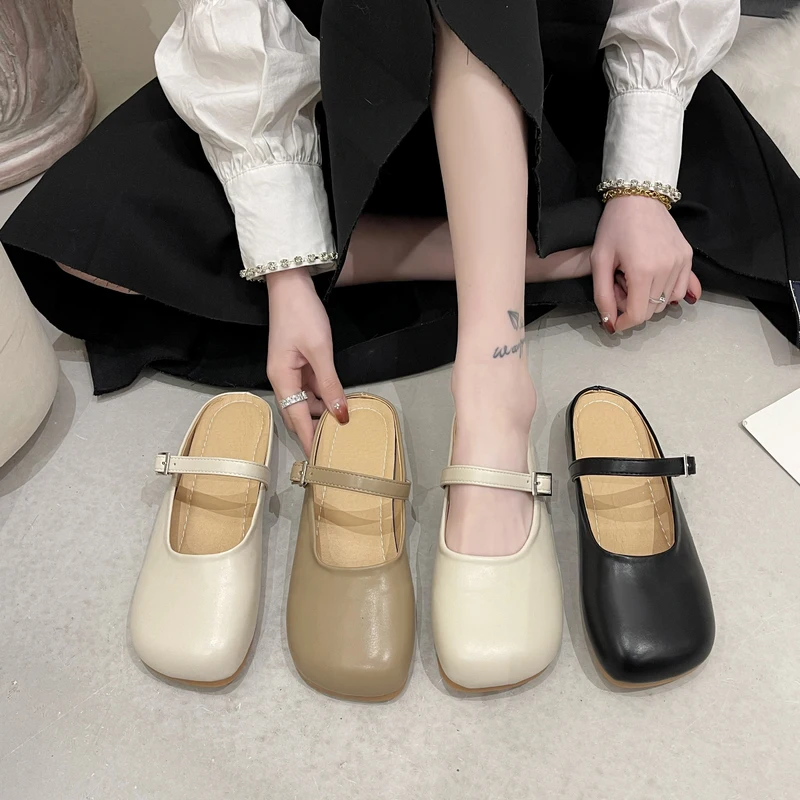 

Shoes Slippers Women Summer Female Mule Pantofle Cover Toe Slides Fashion Low Soft Mules 2022 Flat Luxury Rubber PU Buckle