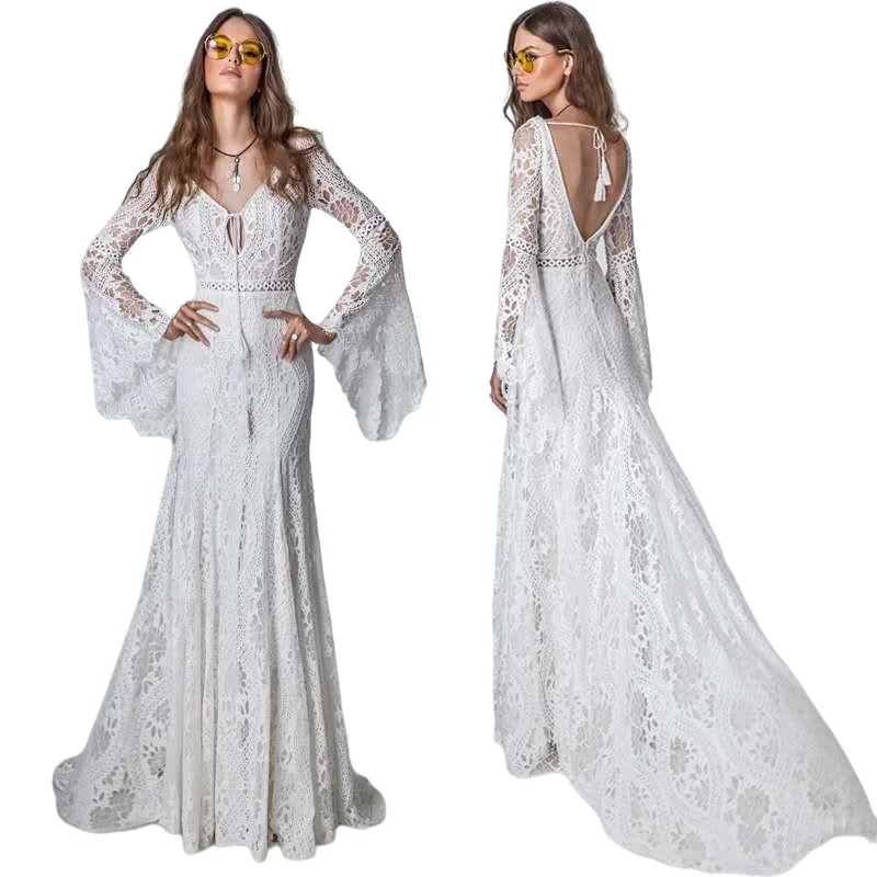 Bohemia Lace Beach Wedding Dress Vintage Long Flare Sleeve Vestido De Noiva New Design crochet lace Dresses Backless