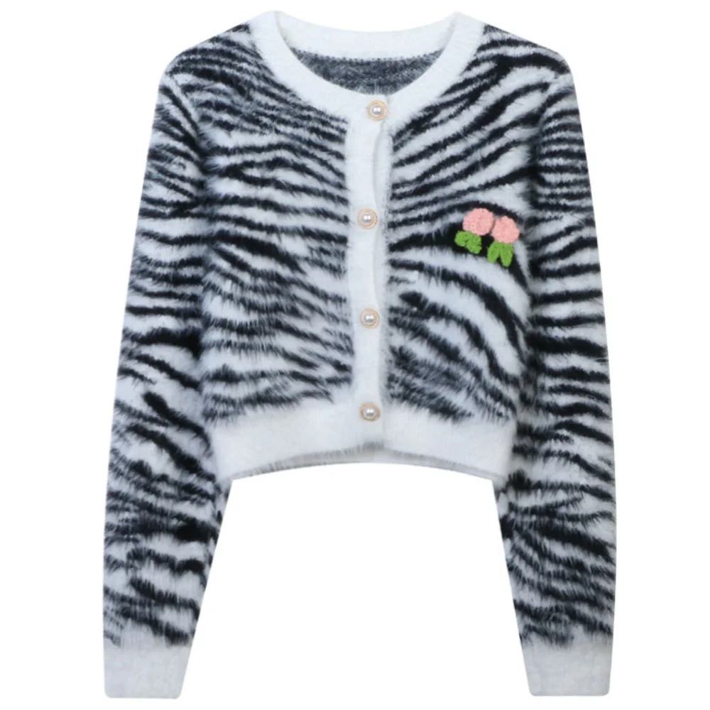 

Autumn Winter Leopard Print Cardigan Short Women Pearl Buttons Crop Tops Floral Coat Slim Warm Knitted Cardigan for Women 2022