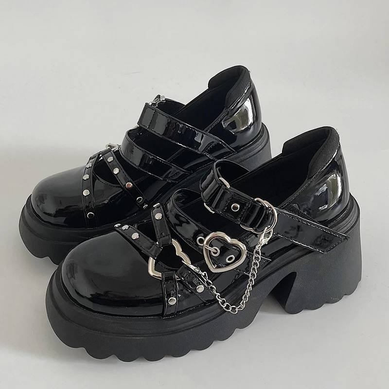 Women Platform Lolita Gothic Shoes Heart Buckle Mary Janes Vintage Chunky High Heels Women's Pumps Japanese School Uniform Shoes