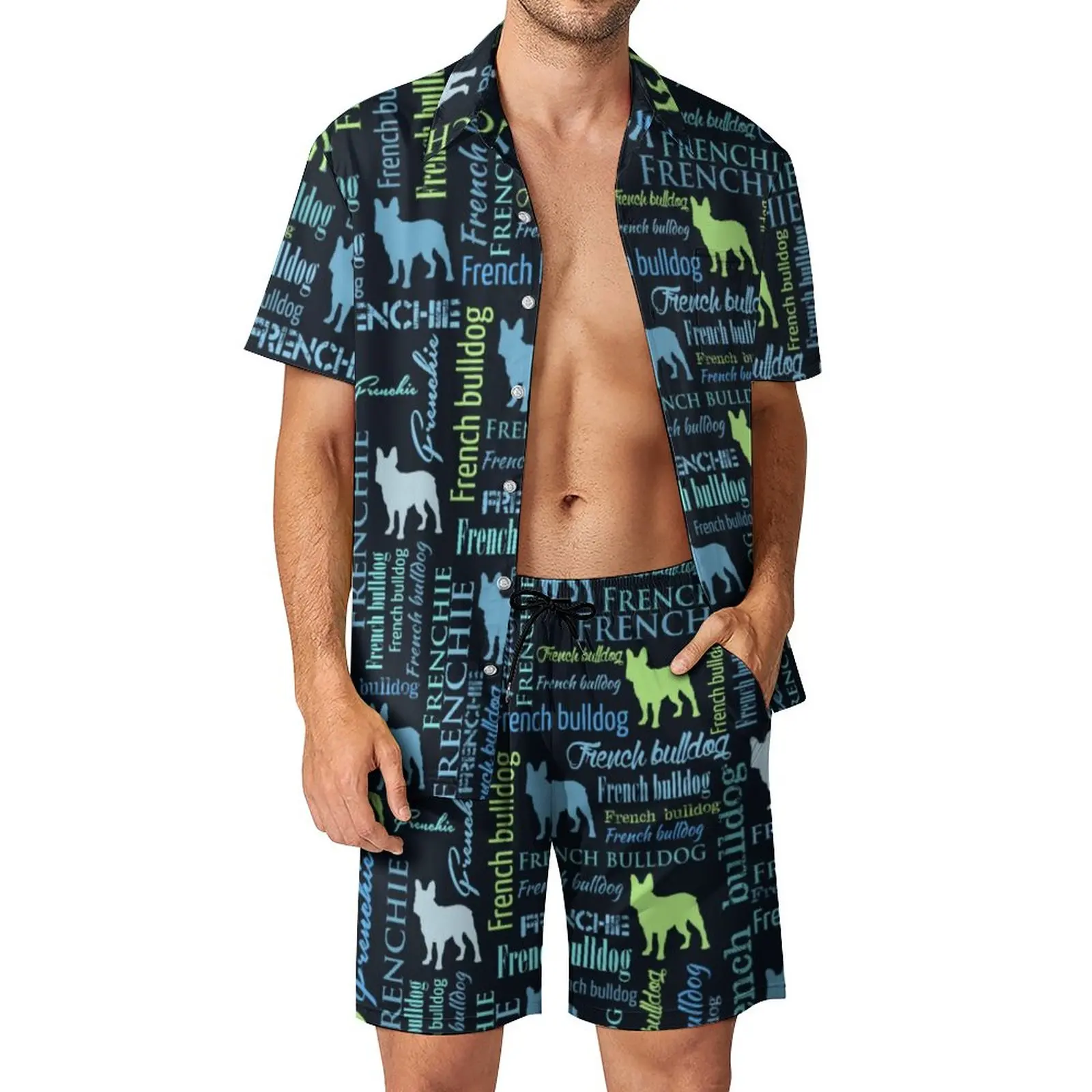 

Frienchie Word Art Men Sets French Bulldog Casual Shorts Vacation Shirt Set Summer Hawaiian Suit Short-Sleeve Big Size
