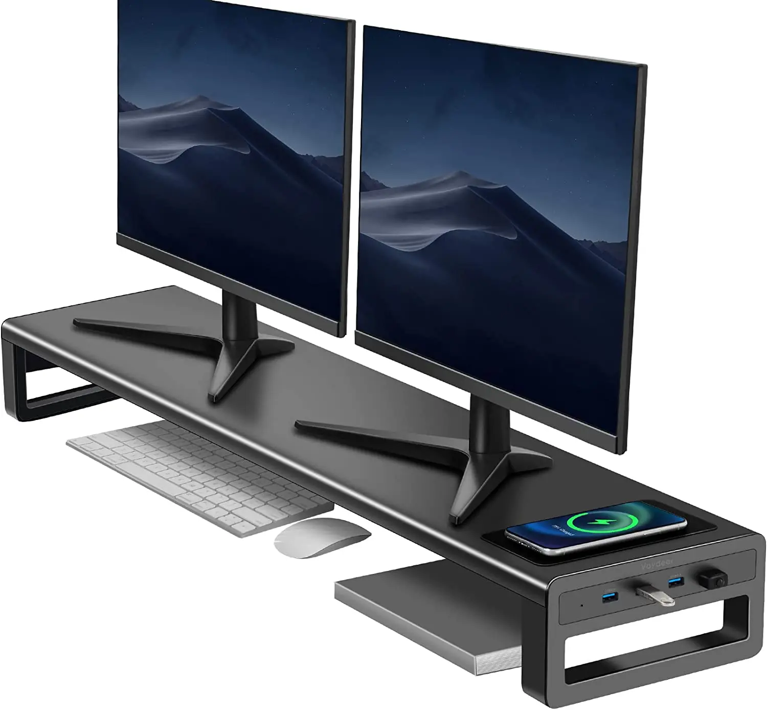 

Dual Monitor Stand Aluminum Monitor Riser with Wireless Charging and 4 USB 3.0 Hub Ports Metal Strong&Sturdy PC Monitor Lap