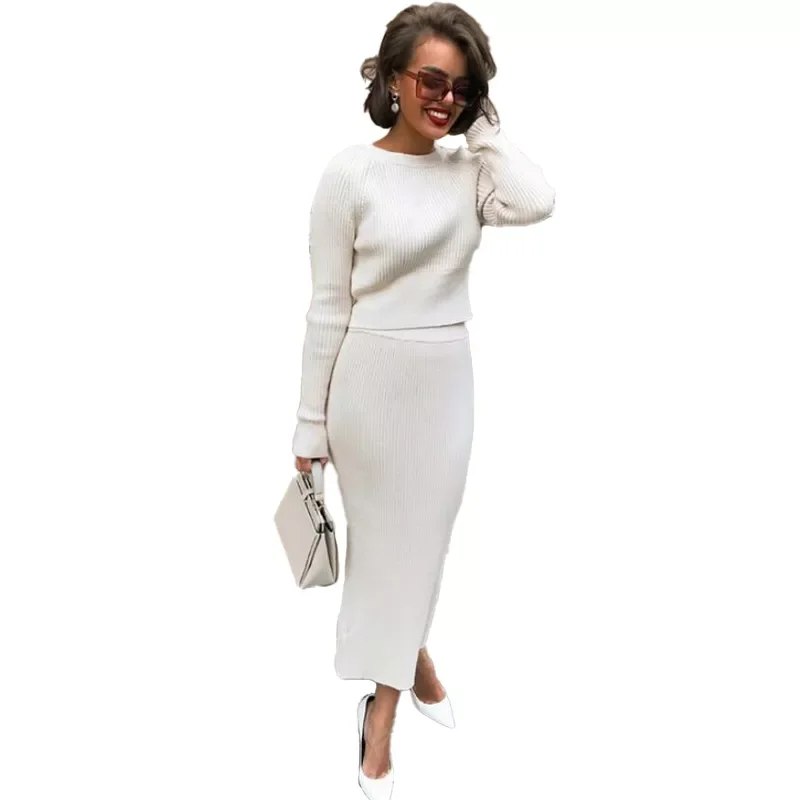 

NEW IN Pure Color Long Sleeve Knitted Tops Skirt Suit Spring Autumn 2022 Fashion Casual Slim Irregular Two Piece Set Sweater Su